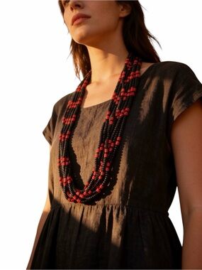 Multi-Strand Black and Red Seed Bead Necklace